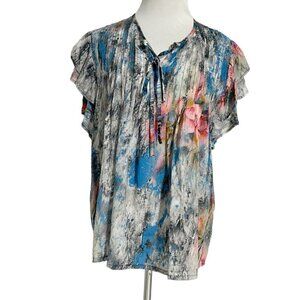 Tolani Small  Top Blouse Short Sleeve Ruffled Abstract Colorful Boho Lagenlook